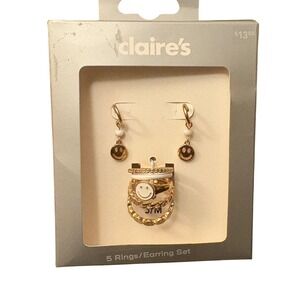 Claire's Y2K Smiley Face Rings and Earrings Set‎ - Gold Tone - Size S/M